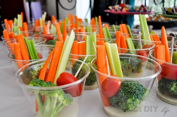 Veggies with ranch - fun way to serve at a birthday party | Paint party food idea