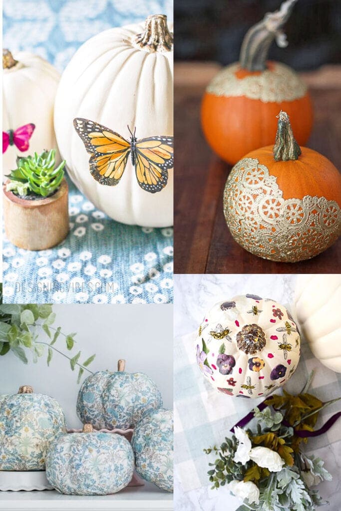collage of decoupaged pumpkin decor ideas