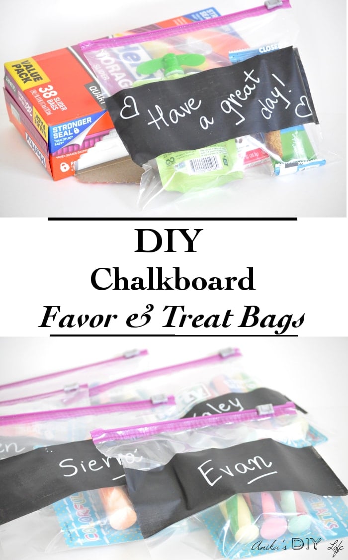 COllage of DIY chalkboard favor bags with text.