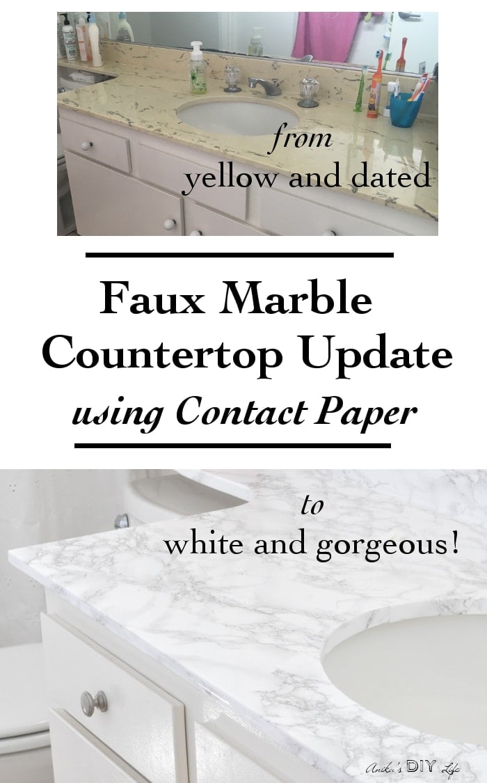 You will not believe how easy it is to update old countertops! Just use Contact paper. Perfect solution for rental bathroom and Kitchen