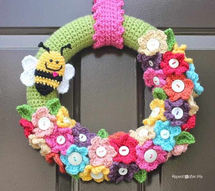 wreath made using colorful crocheted flowers