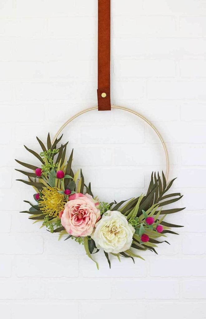 Embroidery hoop with colorful flowers and some greenery