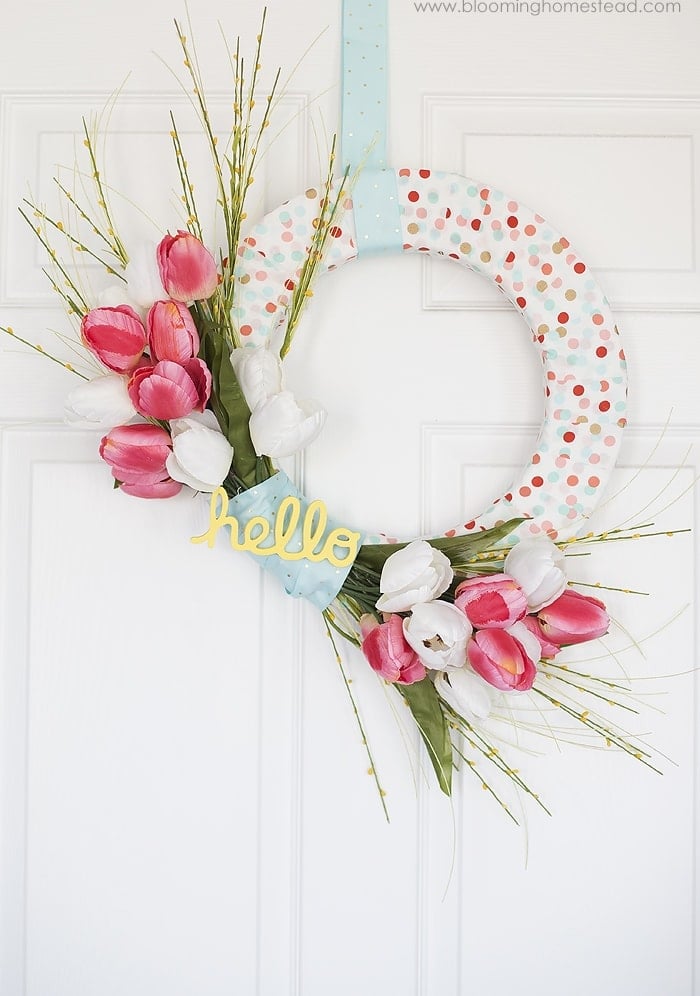 fabric wrapped wreath form with white and red tulips