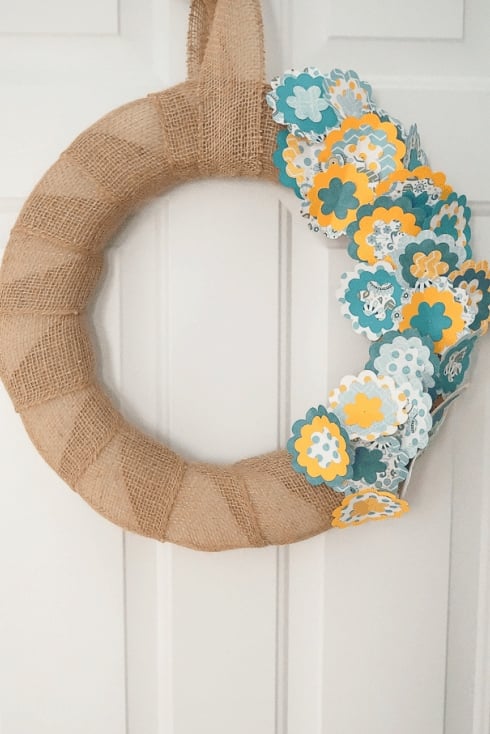 burlap wreath with fabric cutout flowers