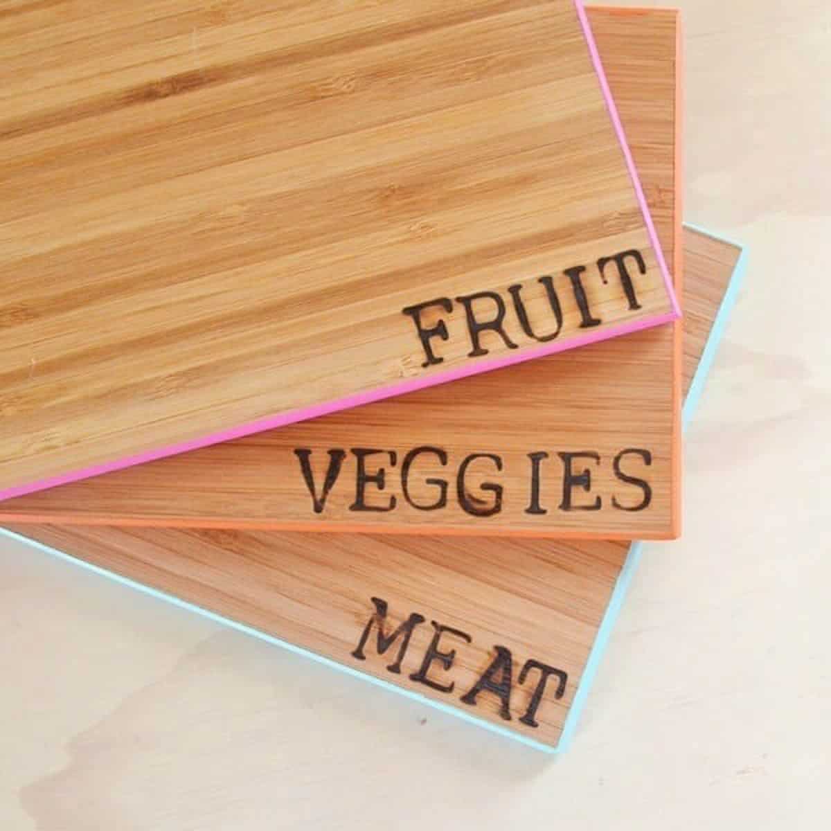 3 Cutting board with wood burned labels of Fruit, veggies and meat