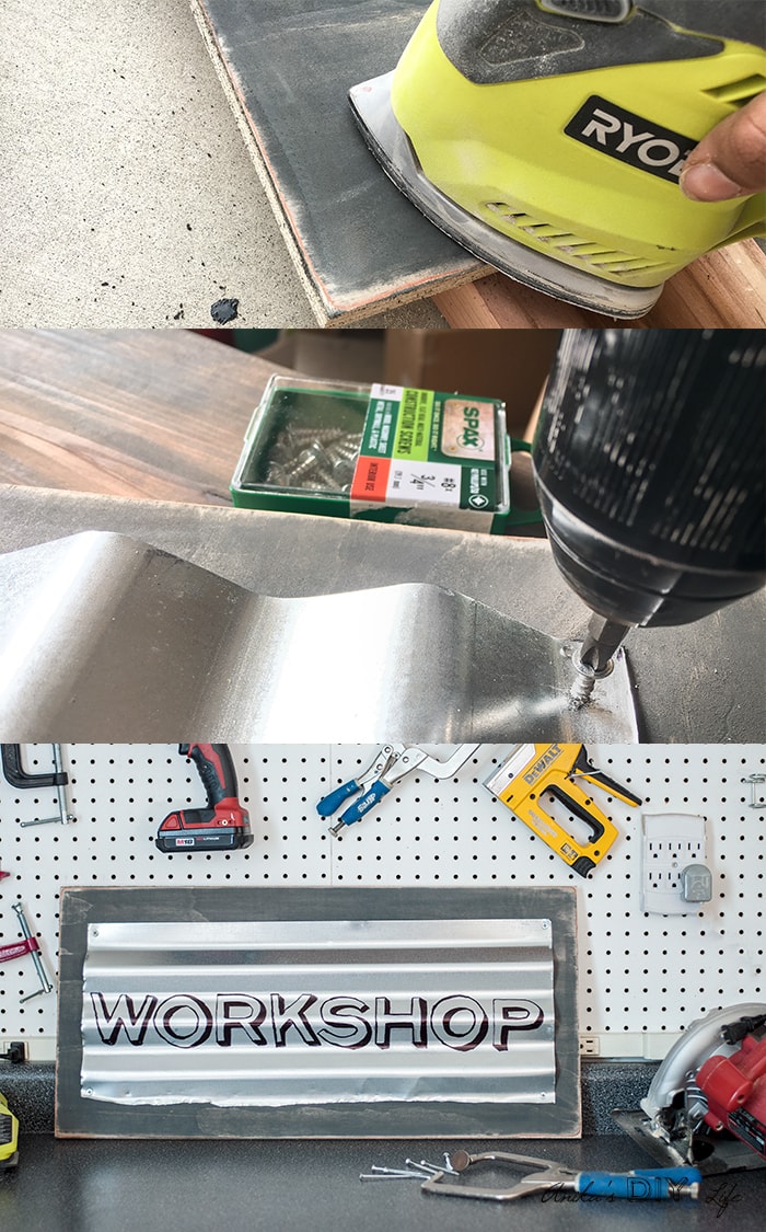Easy DIY industrial sign made with corrugated metal for workshop or garage