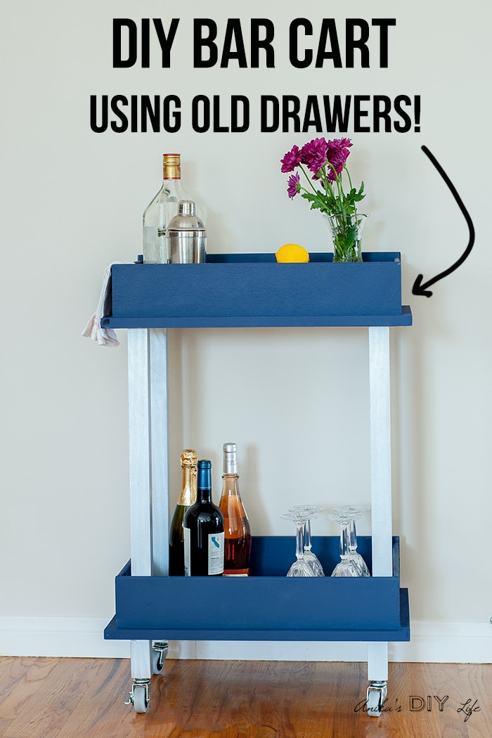 DIY bar cart made from upcycled drawers with text overlay