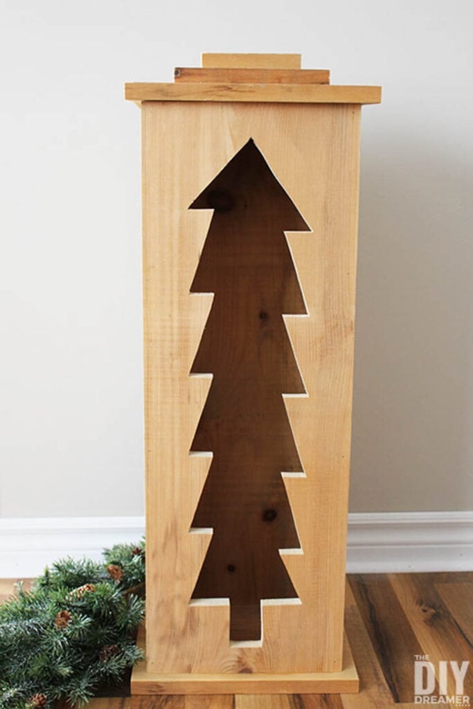 Wooden Christmas indoor/outdoor lantern with Christmas tree cutout