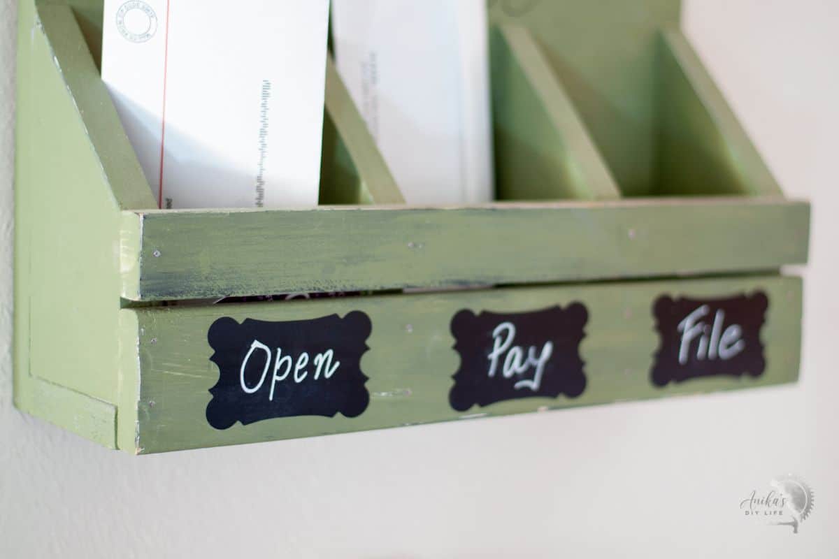 close up of DIY mail organizer sections for open, pay, and file