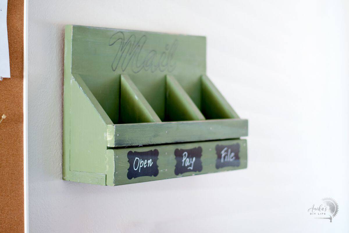 Side view of completed and painted DIY mail organizer