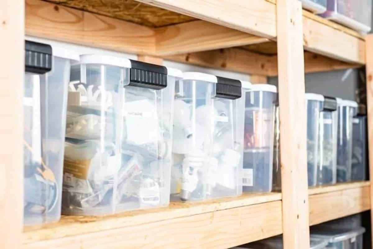 close up of 2X4 garage storage shelves