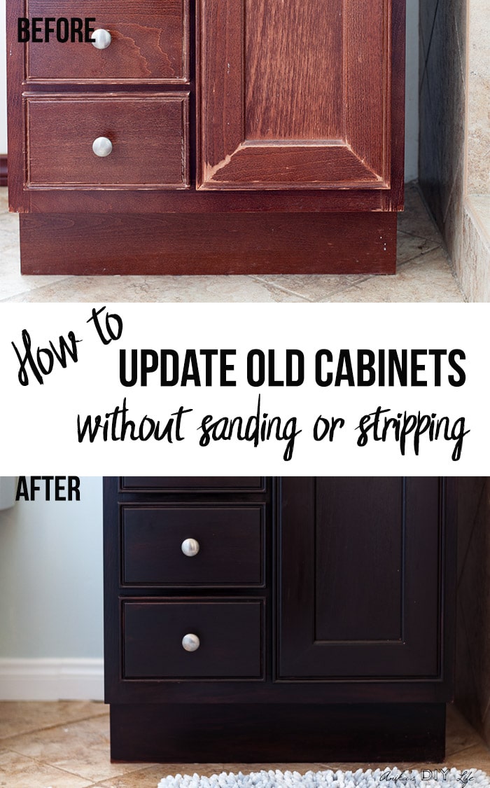 Collage of old cabinet and new cabinet with text