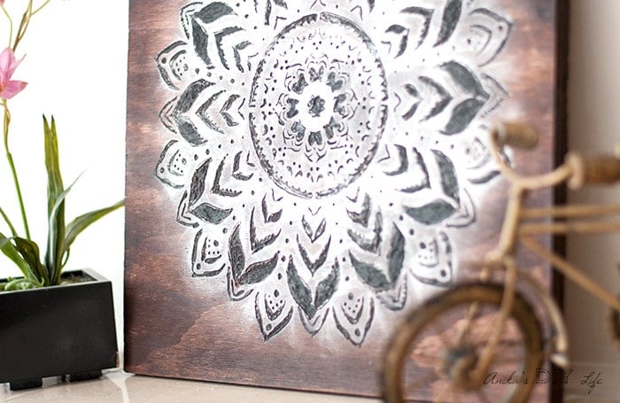 Close up mandala wall art with metallic glaze - how to carve wood with dremel