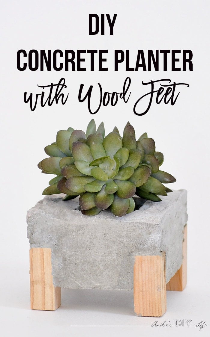 DIY concrete planter with wooden feet and text overlay