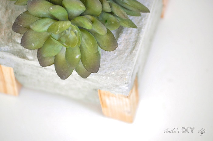 top view of DIY concrete planter with wood legs and a succulent