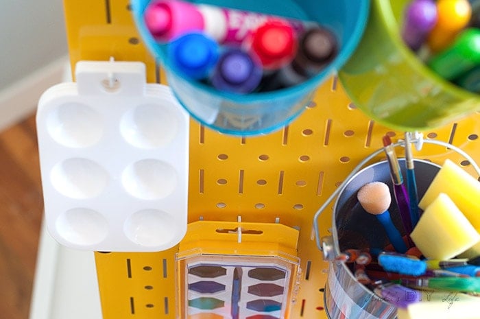 Organization in the DIY kids art station using Wall Control Metal pegboard