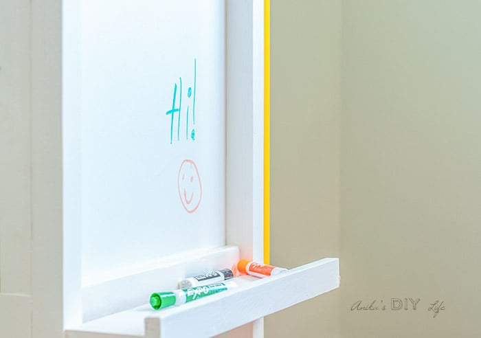 Close up view of Dry Erase board on the DIY kids art station