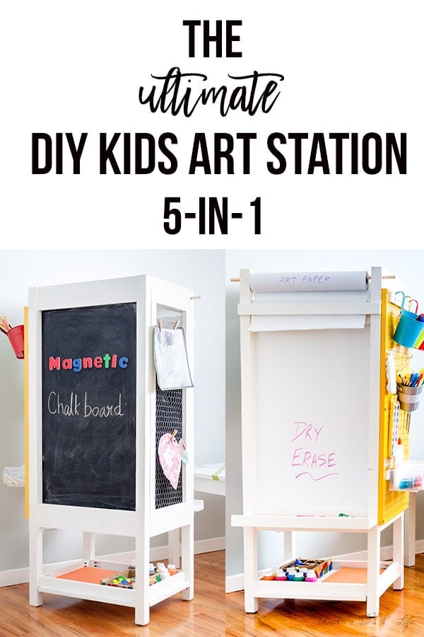 Collage of DIY kids art station with test overlay 