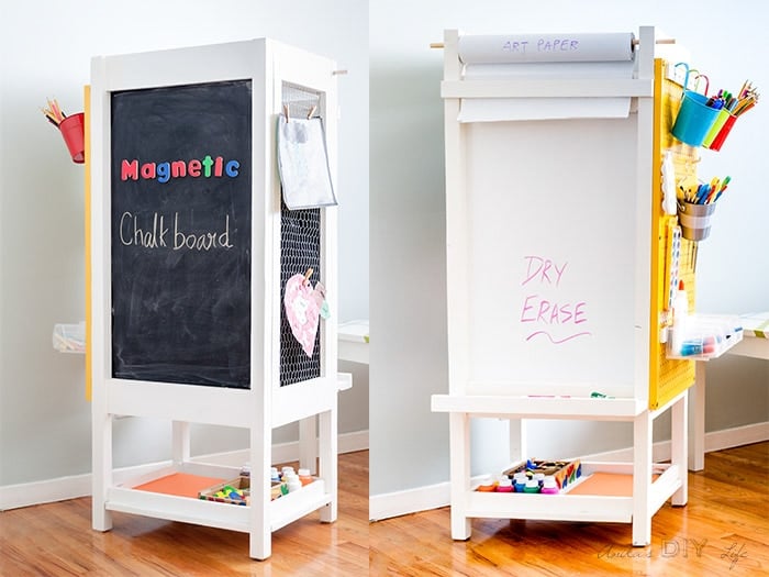 DIY Kids art station with magnetic chalkboard, cry erase board, art paper roll, art display and supply organizer