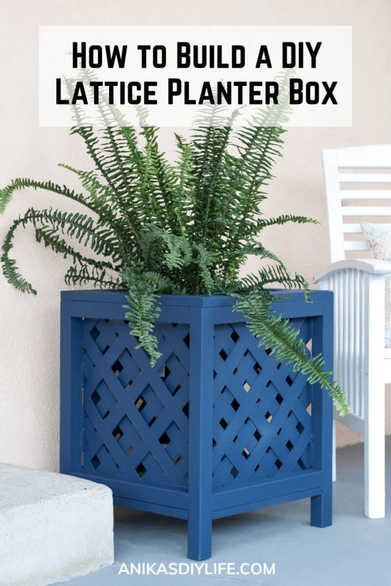 DIY blue lattice planter box with text overlay