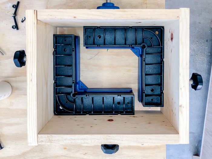 drawer box in corner clamps before attaching the drawer base.