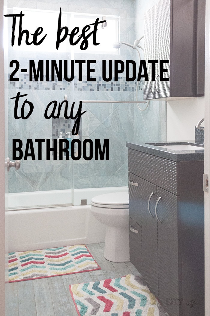 View of builder grade bathroom with text overlay