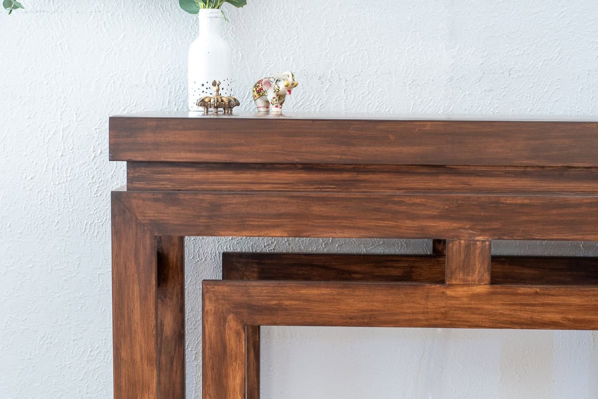 close up the mitered dowel joints of the Modern DIY console table