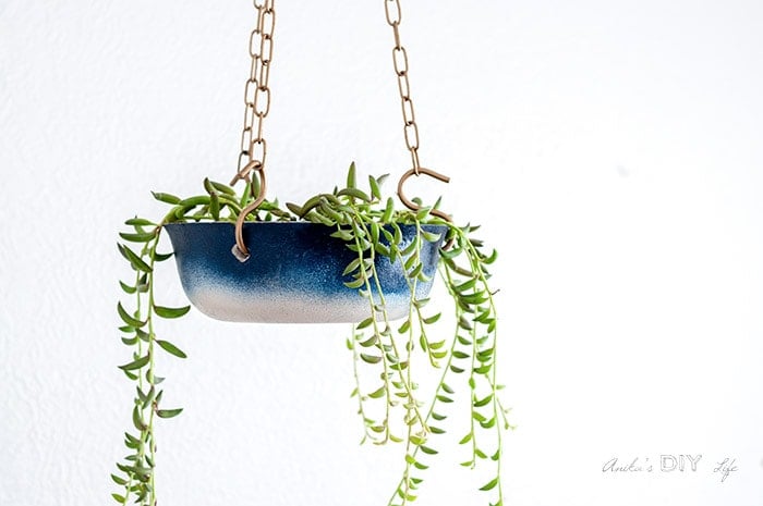 close up of the ombre painted hanging planter