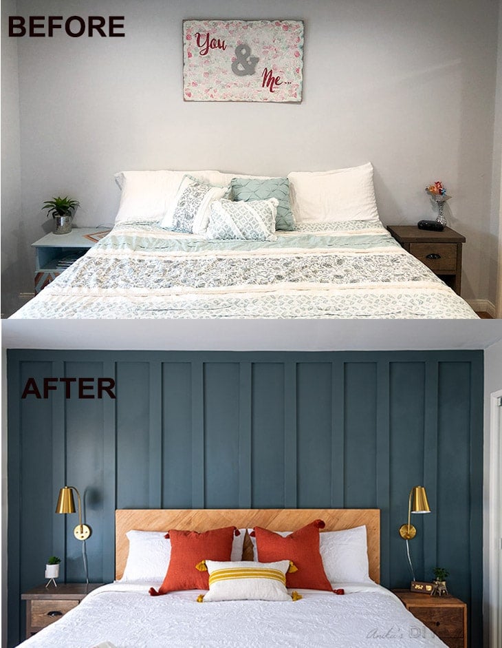 Before and after comparison of master bedroom makeover with board and batten wall.