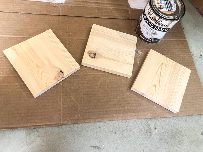 3 wood pieces and stain to make backs of the DIY towel hooks