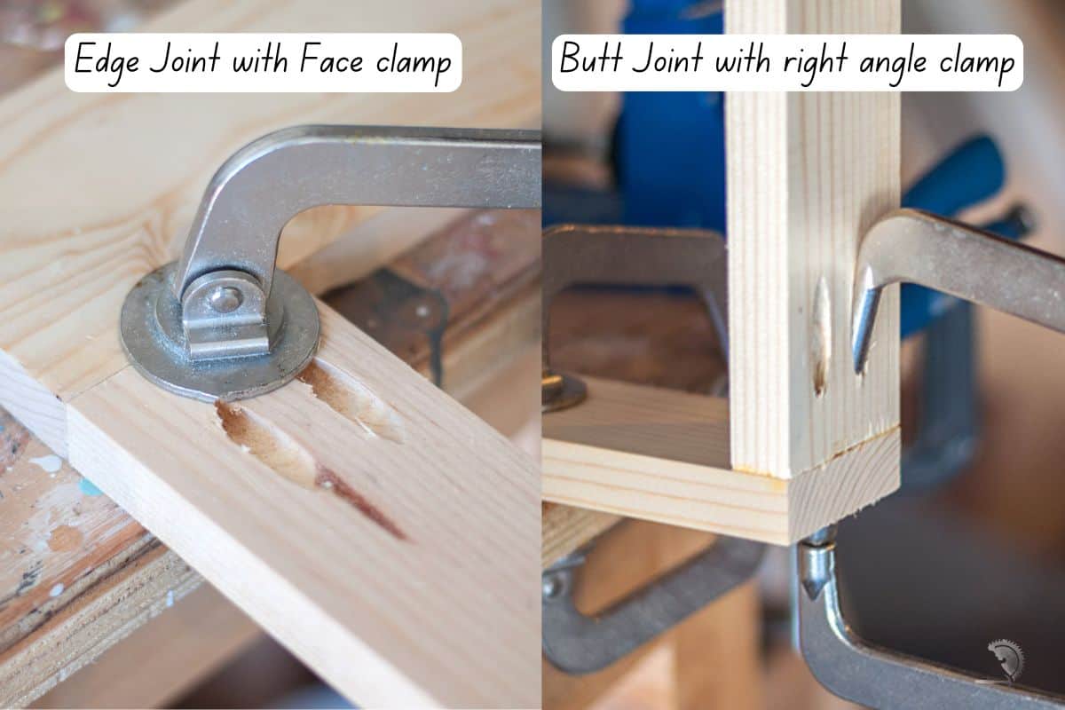 using a face clamp and a right angle clamp on different types of joints with pocket hole joinery