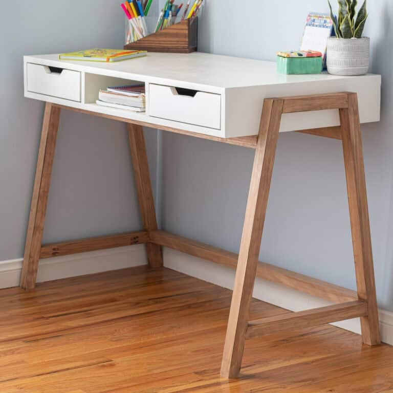 Build a modern DIY A-Frame desk with drawers for under $100! These beginner-friendly plans use just 4 power tools and 1 sheet of plywood. Perfect for a kids' homework station or a small home office.