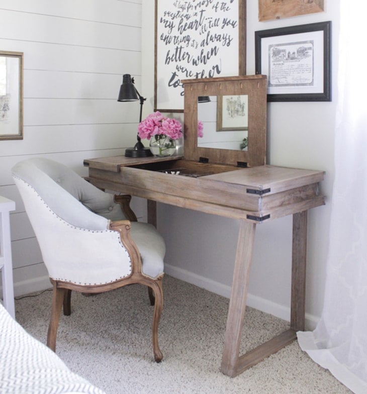 3 compartment desk with middle mirror vanity and storage