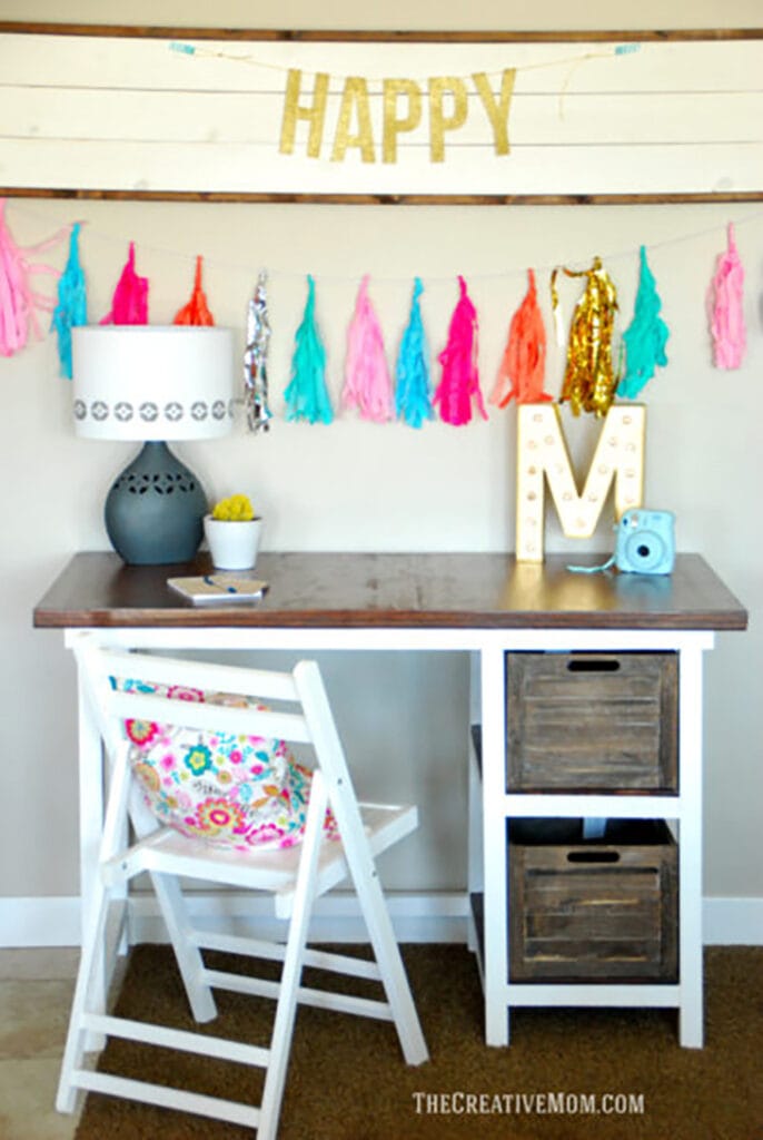 DIY farmhouse desk with shelves and baskets for storage