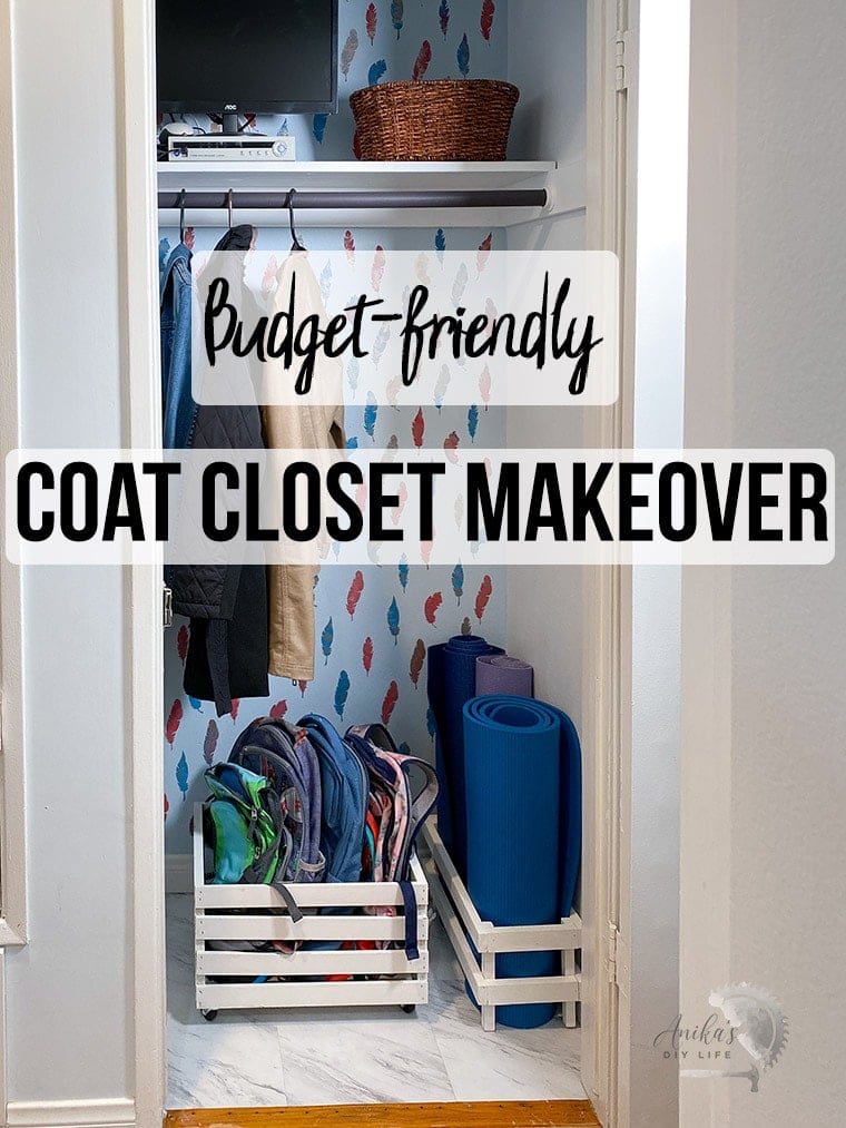 Entryway closet makeover with stenciled wall and organization with text overlay