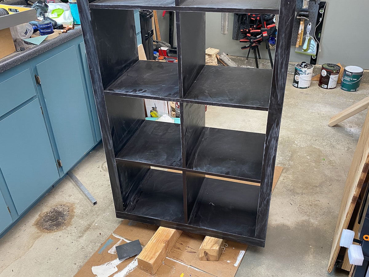 Ikea laminate bookshelf sanded and ready to paint