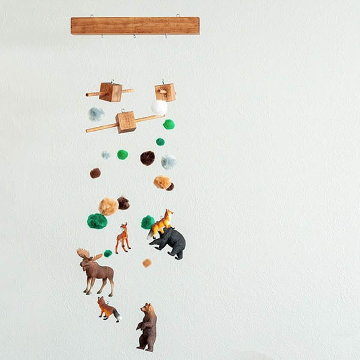 DIY kids mobile with pom poms and woodland animals