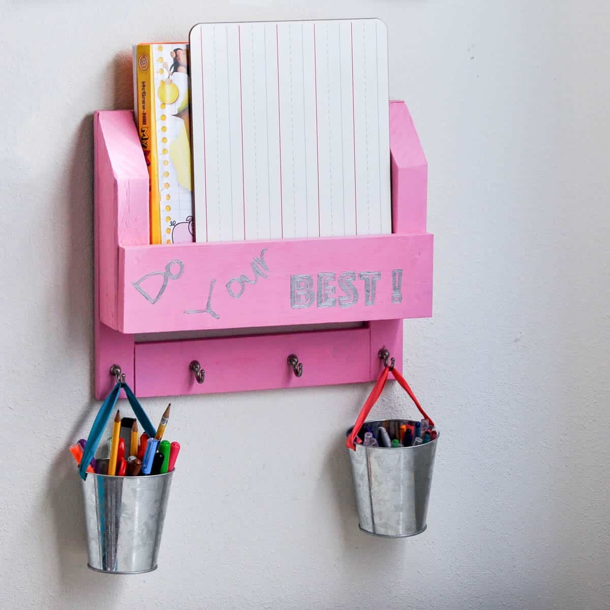Pink painted wooden homework station organizer for kids