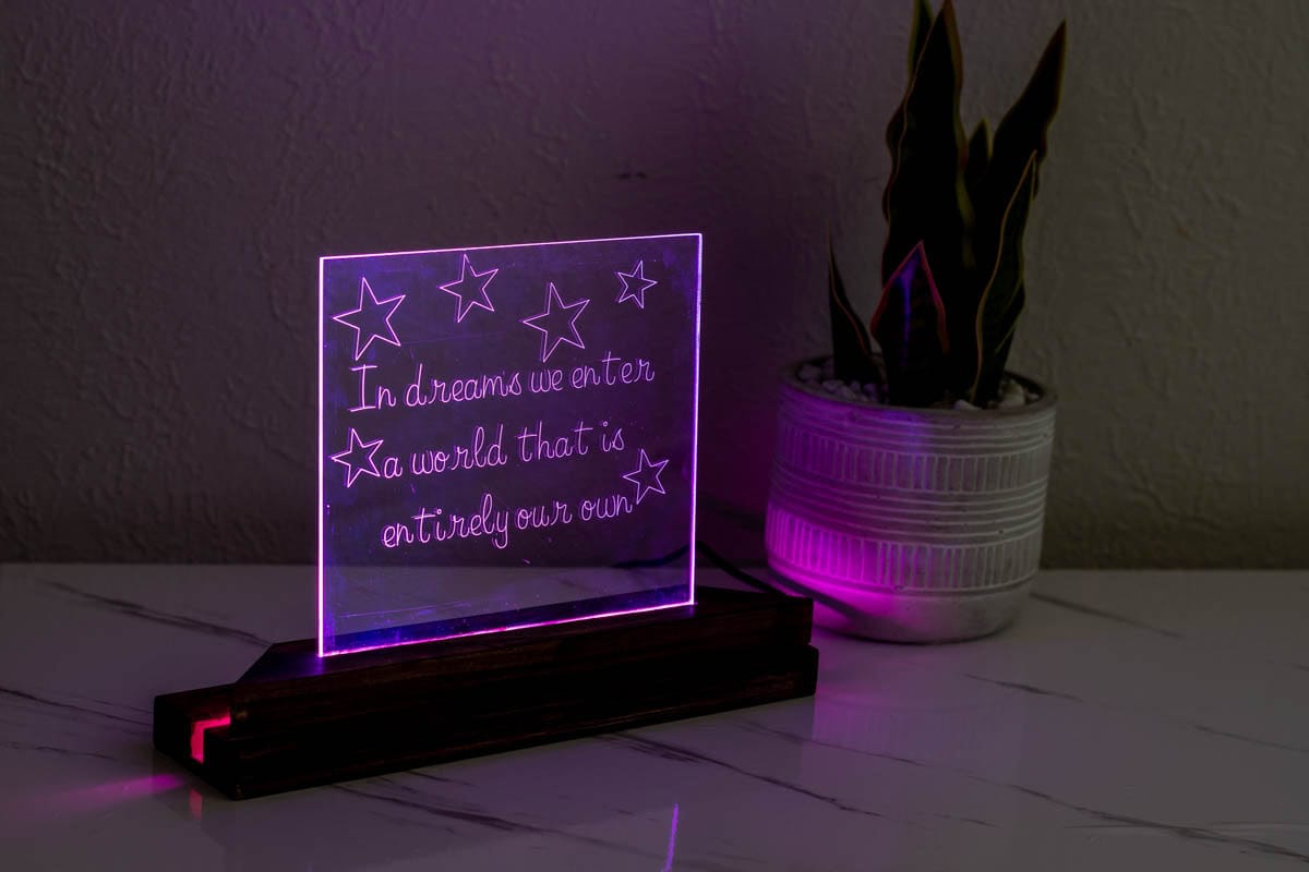 Acrylic and LED night light engraved with inspiring saying