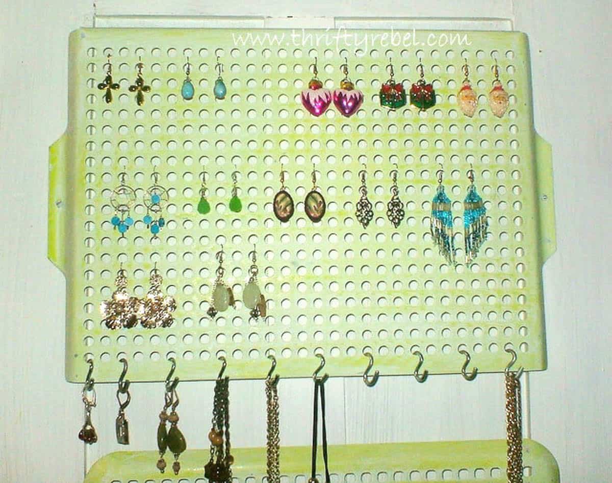 Jewelry organizer made from upcycled grill sheets