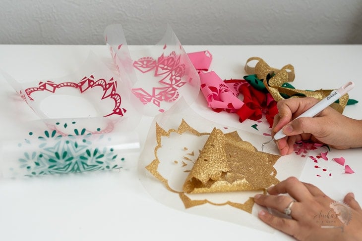 woman weeding Cricut layering project for Indian mandala decor