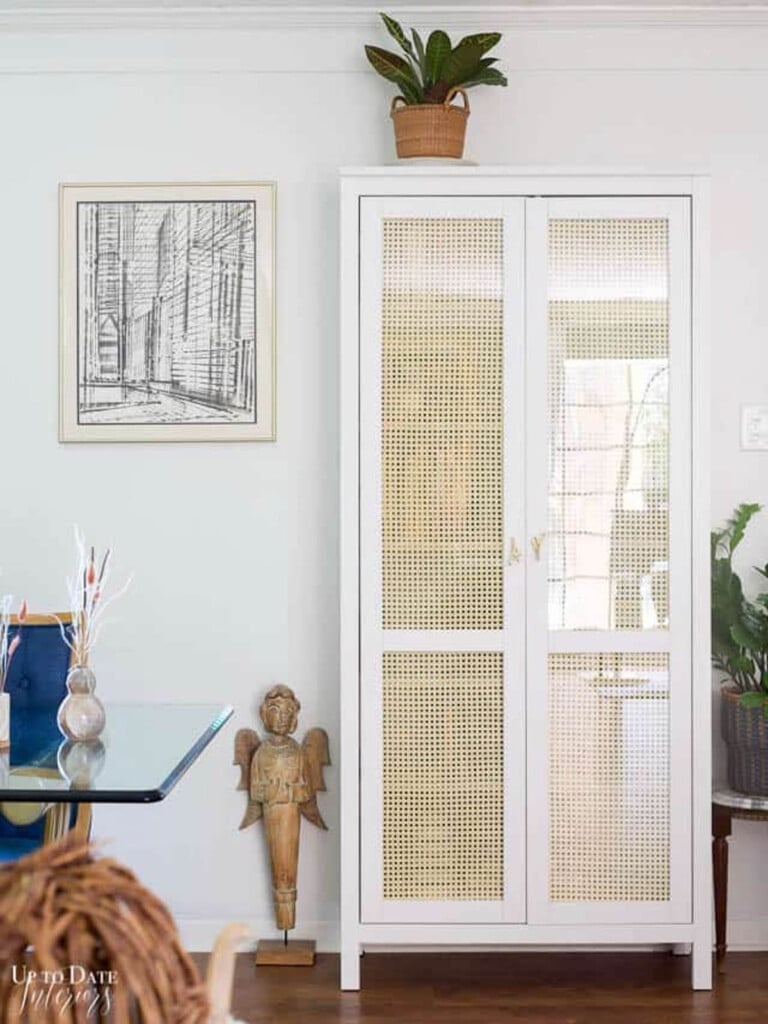 ikea cabinet makeover using cane webbing on the doors