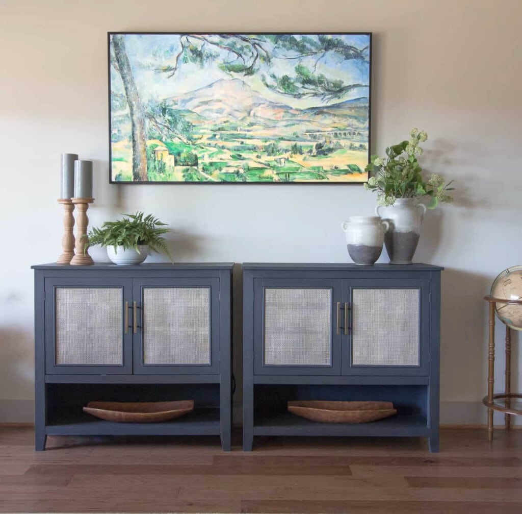 pair of cabinets updated with cane webbing on the doors and painted blue
