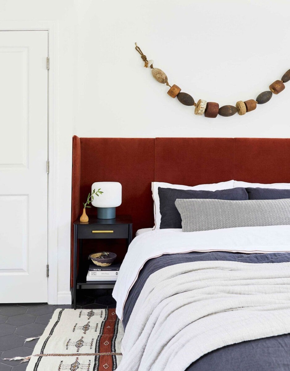 orange velvet wrap around headboard 