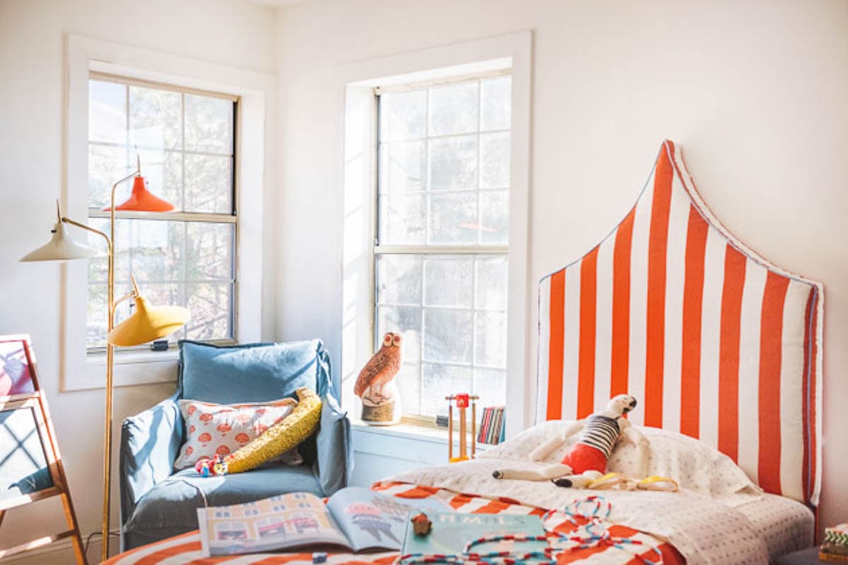 Orange and white striped DIY headboard project idea
