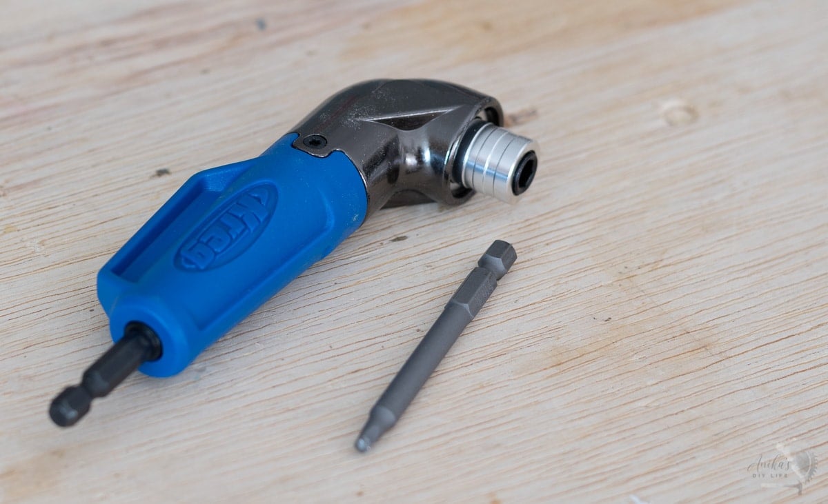 Kreg 90 degree pocket hole driver and driver bit on workbench