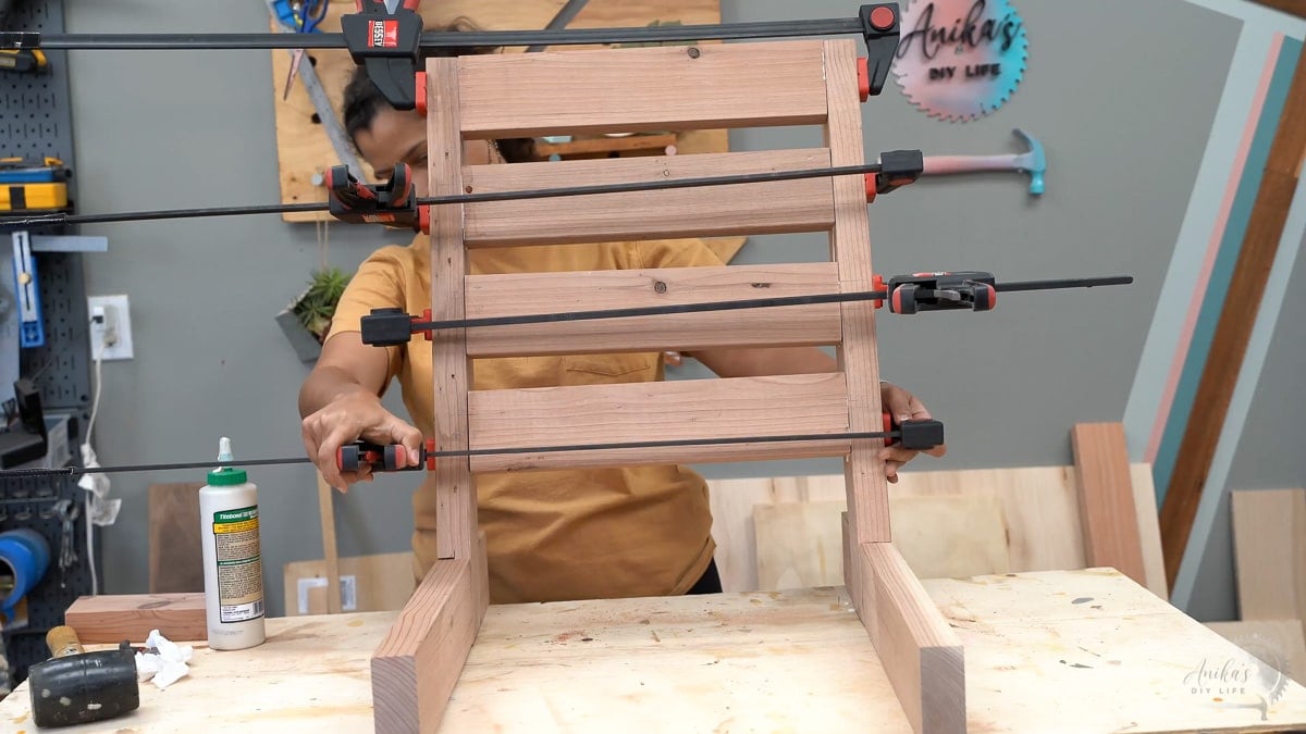 Chair back attached with dowels and clamped