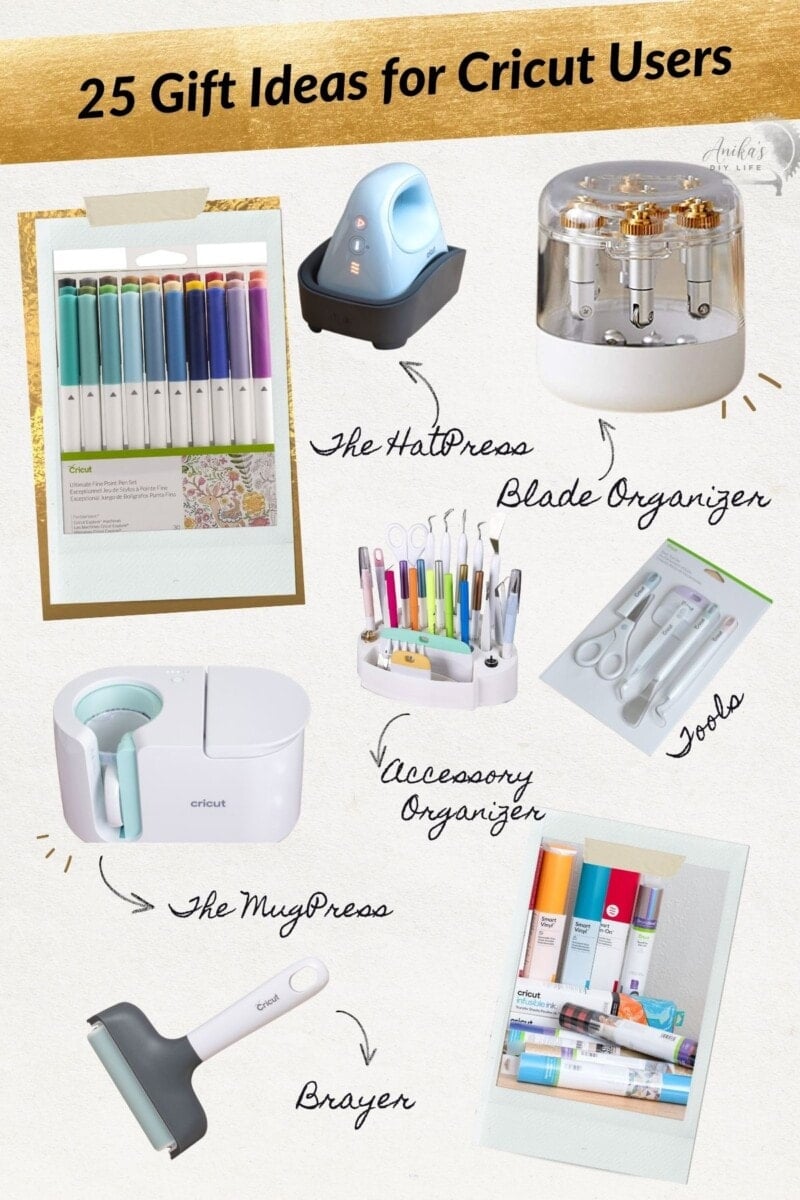 Collage of Cricut accessories to gift to a Cricut user with text overlay