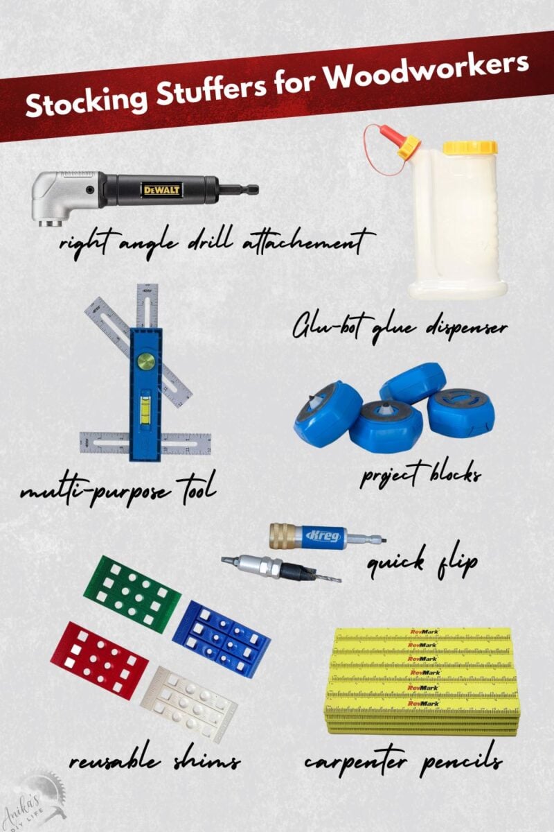 Image collage of seven stocking stuffers for woodworkers with text overlay