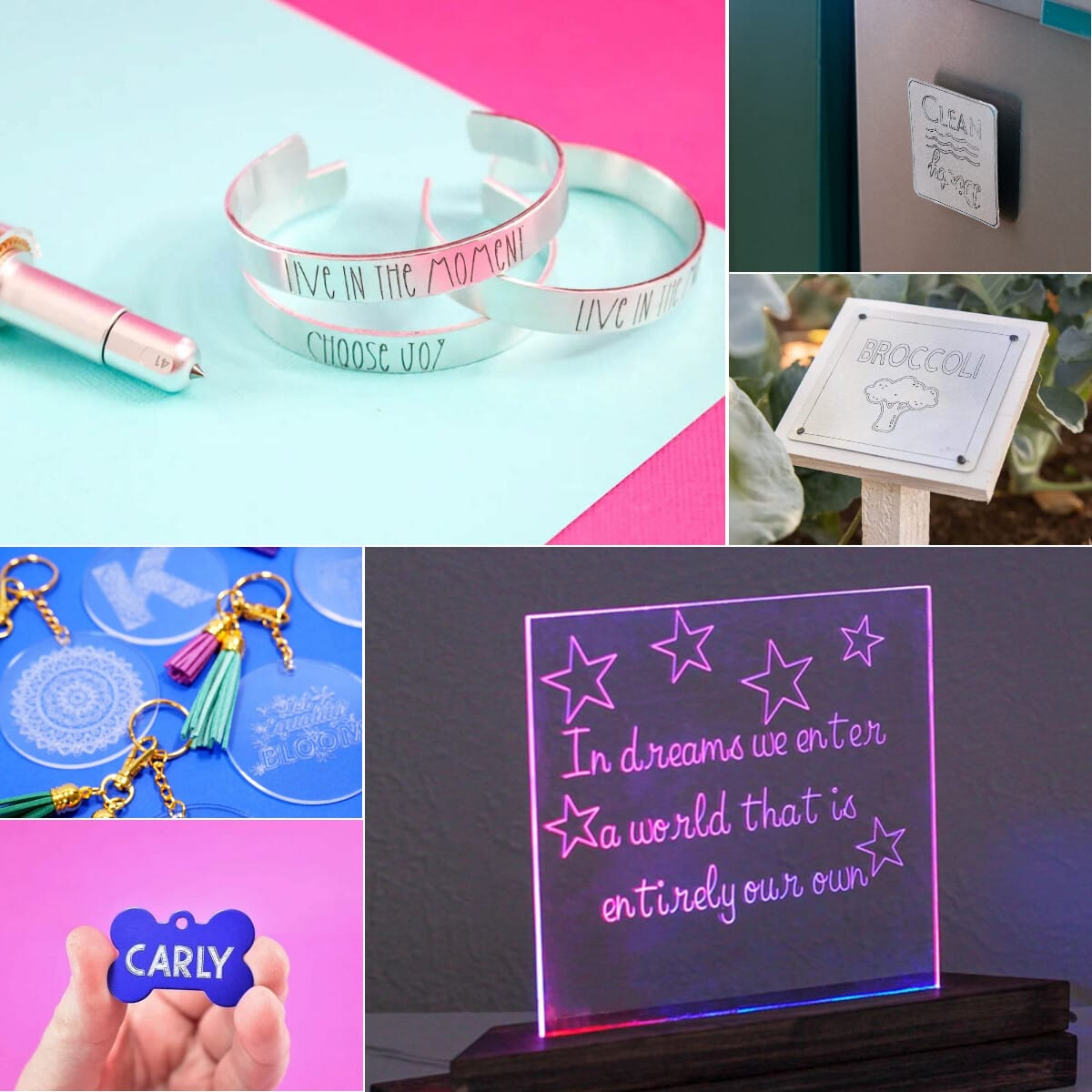 image collage of six Cricut engraving tip projects.